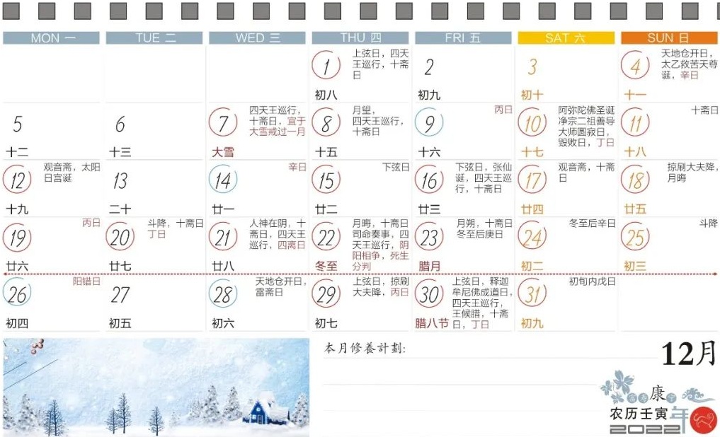 2022年12月寿康宝鉴戒期日历