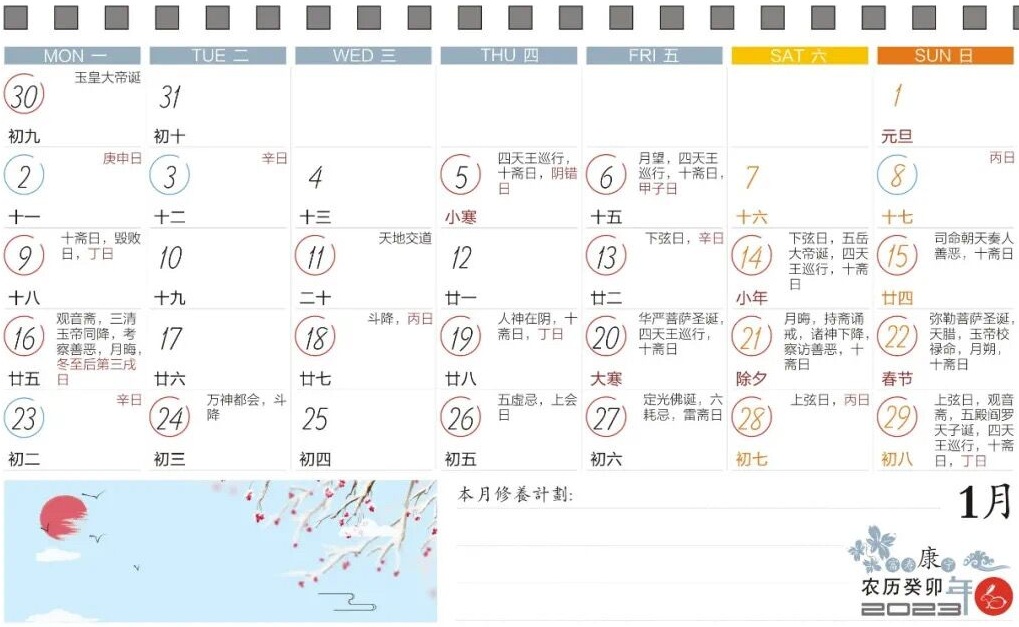 2023年1月寿康宝鉴戒期日历